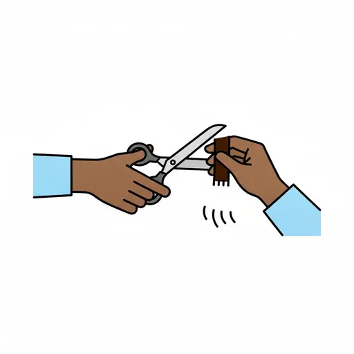 A hand with scissors cuts a lock of hair held by another hand.