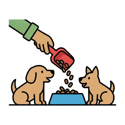 Een hand schept brokjes in een bak voor twee honden.