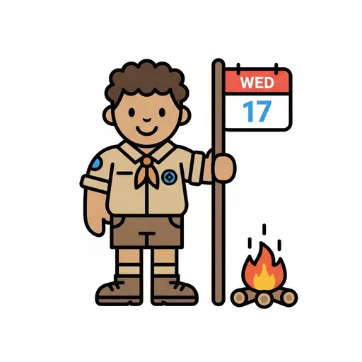 A child in a scout uniform holds a flag with a calendar showing Wednesday, with a campfire beside them.