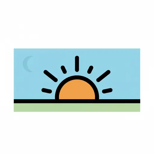 Een tafereel met een zon laag aan de horizon met lichtstralen en een vage maansikkel in de blauwe lucht, als overgang naar de avond.
