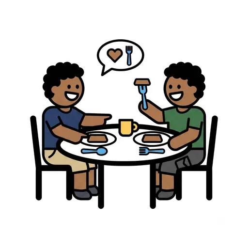 Twee mensen eten samen aan een ronde tafel met een tekstballon met een hartje.