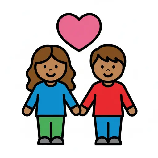 Een meisje en een jongen houden elkaars hand vast met een hartje erboven.