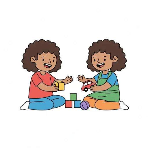 Two children sit on the floor playing with blocks, a car and a ball.