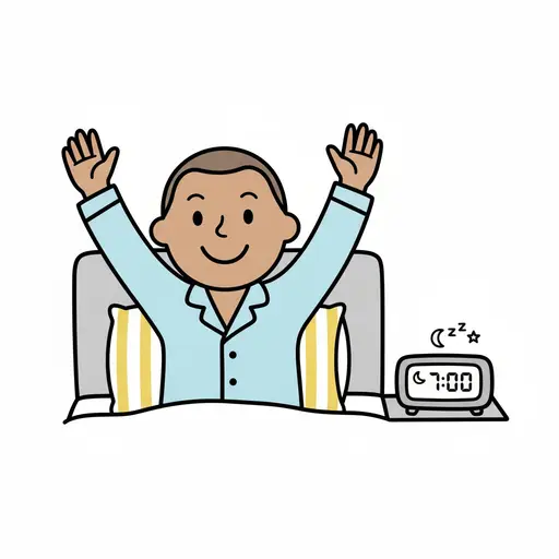 Een persoon in pyjama zit rechtop in bed met de armen omhoog naast een digitale klok.