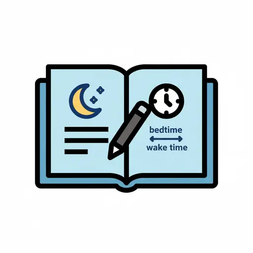 Een opengeslagen lichtblauw boek dat een slaapdagboek voorstelt. Op de linkerbladzijde staat een maansikkel met sterren en drie horizontale lijnen. Op de rechterbladzijde staan een klok, een potlood en de tekst 'bedtime' en 'wake time' met een dubbele pijl ertussen.