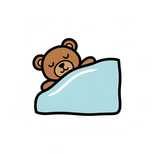 Een getekende bruine teddybeer slaapt vredig onder een lichtblauwe deken met zijn ogen dicht.