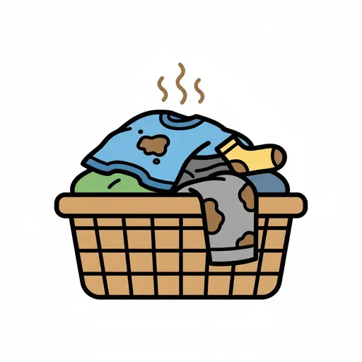 A basket of stained clothes giving off a bad smell.