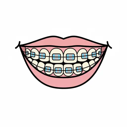 An illustration of a smiling mouth showing dental braces on the upper and lower teeth.