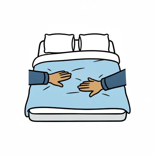 Twee handen strijken een blauwe sprei glad op een bed met twee witte kussens.
