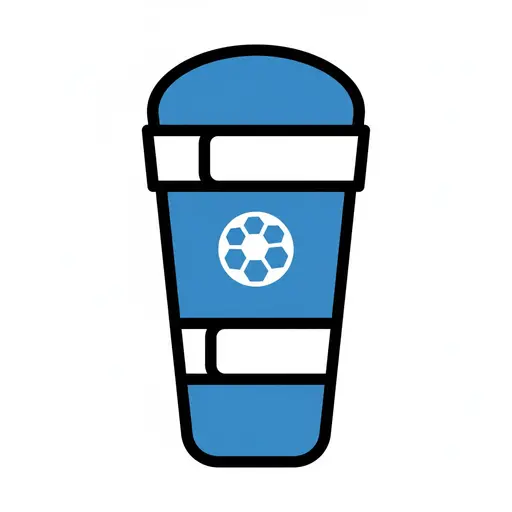 Sininen urheilupullo, jossa on valkoinen jalkapallologo.