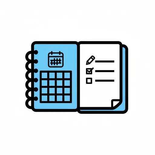 A spiral planner with a calendar and a checklist.