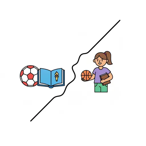 A split picture with a football and an open book on one side and a girl holding a basketball and a book on the other.