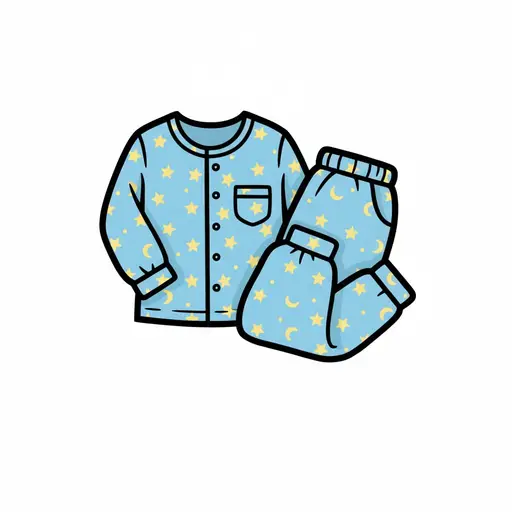 Een opgevouwen lichtblauwe pyjamaset met gele sterren en maansikkels.