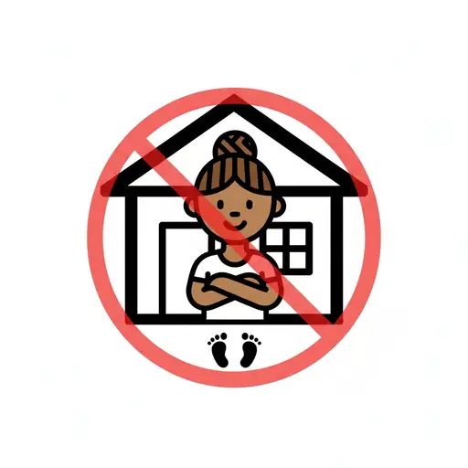 Ein Mädchen in einem Haus mit einem roten Verbotszeichen und Fußspuren, die das Zuhausebleiben zeigen.