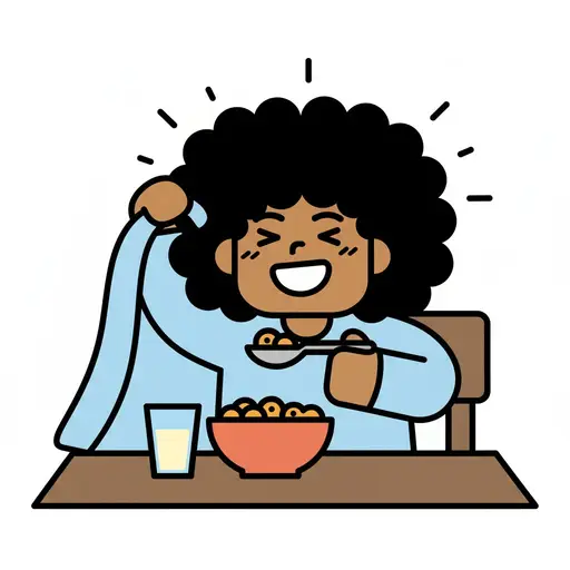 A person stretches one arm and eats a bowl of cereal with a spoon at the breakfast table.