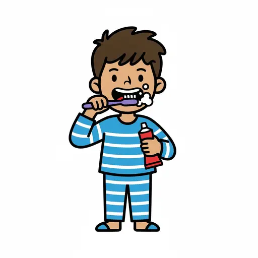 Een kind in een gestreepte pyjama poetst zijn tanden met een tube tandpasta in de hand.