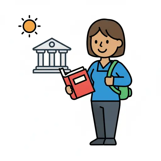Een persoon met een tas houdt een boek vast voor een universiteitsgebouw in de zon.