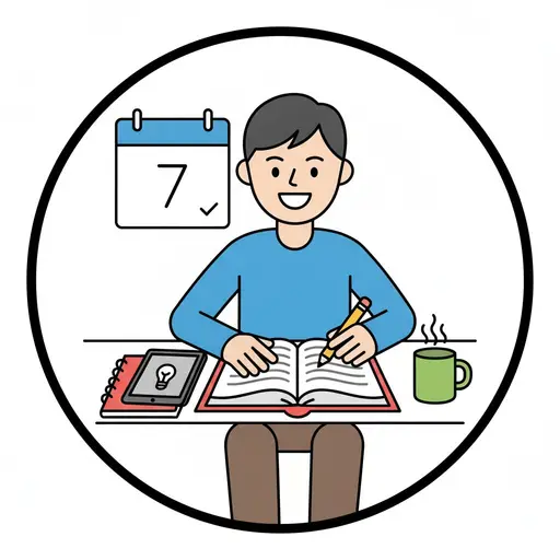 Een persoon zit aan een bureau te schrijven in een boek, met een kalender, tablet en mok ernaast.