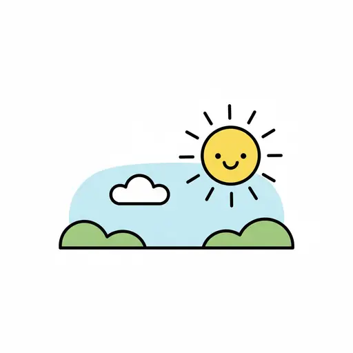 Een zonnig tafereel met een lachende zon, een witte wolk en groene struiken.