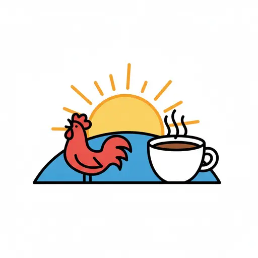 Een zonsopgang met een haan en een dampende kop koffie.