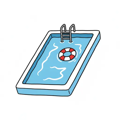 A swimming pool with a metal ladder and a red and white life ring floating on the water.
