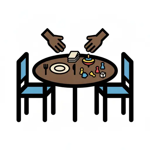 Een tafel met een bord en kleine speelstukjes, met handen die spelen.