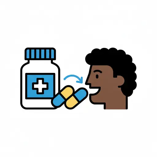 A medicine bottle with capsules and a person taking their medicine.