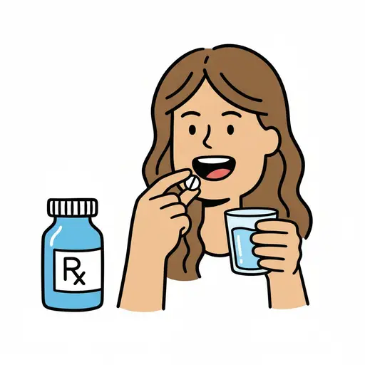 Een kind houdt een pil en een glas water vast naast een medicijnpotje.