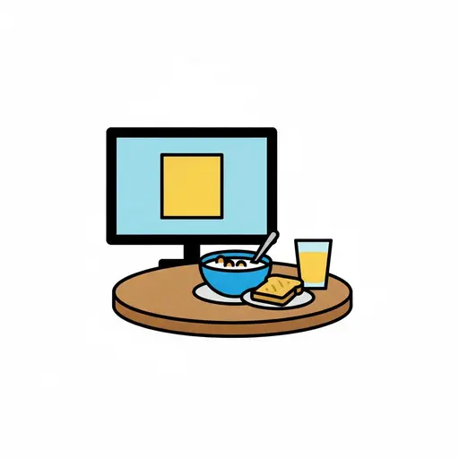 Een televisie staat naast een tafel met een kom ontbijtgranen, een boterham en een glas sap.