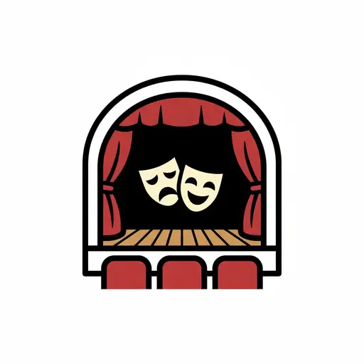 Een theaterpodium met rode gordijnen, stoelen en de klassieke maskers van komedie en tragedie.