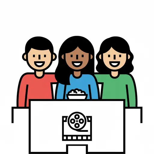 Three smiling children sit together with a bowl of popcorn in front of a movie symbol.