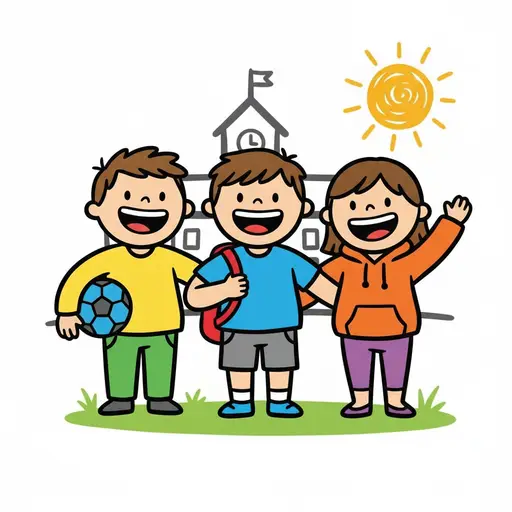 Two boys and a girl, all smiling, one boy holding a soccer ball, in front of a school building.