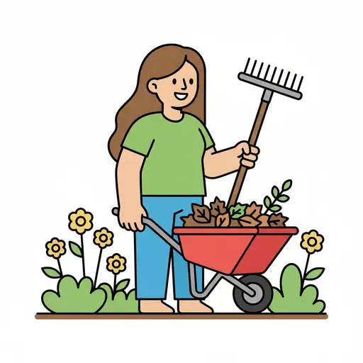 Een kind houdt een hark vast bij een kruiwagen vol bladeren, omringd door bloemen en struiken.
