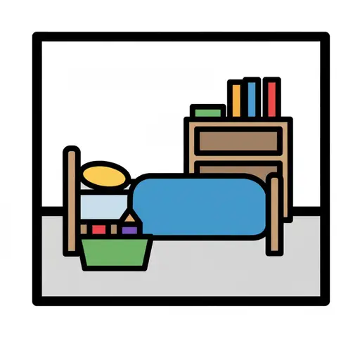 En illustration af et ryddeligt værelse med en seng, et natbord med bøger og en kurv med legetøj.
