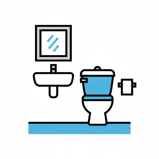 Et badeværelse med et spejl over en væghængt håndvask, et toilet med blå cisterne og en toiletpapirholder på væggen.