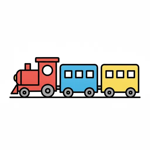 A toy train with a red engine pulling one blue and one yellow carriage along a line.