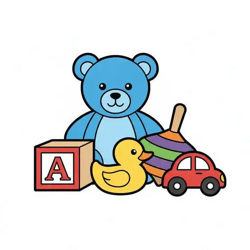 En blå bamse, en klods med A, en and, en snurretop og en rød bil.