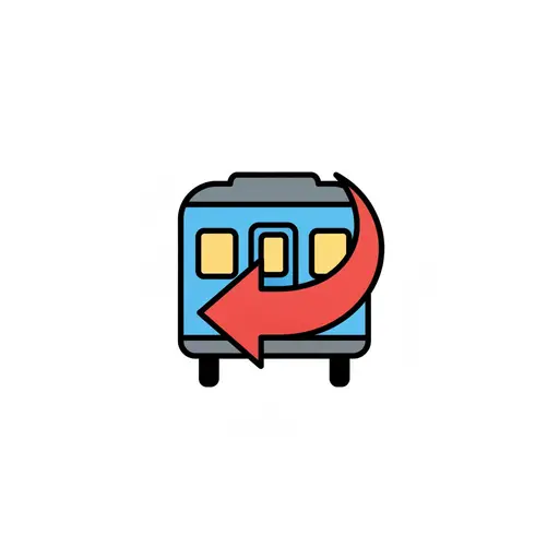 A blue train with a red arrow pointing back.