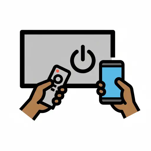 A hand holds a remote control pointed at a TV screen with a power off symbol. Another hand holds a mobile phone.