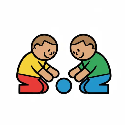Twee jongens knielen op de vloer en spelen met een klein blauw balletje.
