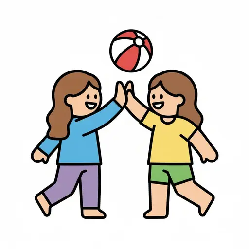 Twee kinderen geven elkaar een high five terwijl er een strandbal in de lucht hangt.