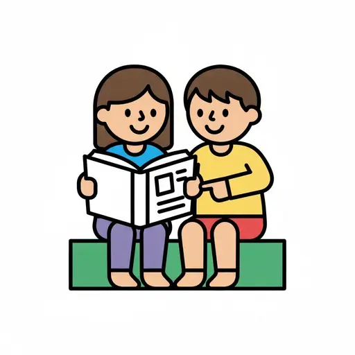 A girl and a boy sit on a green bench reading a book, one of them pointing at the page.