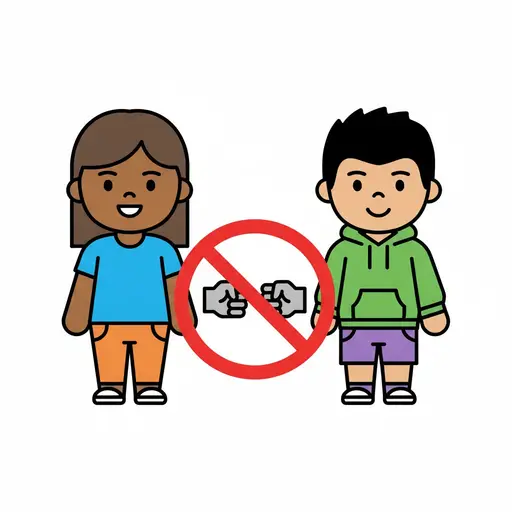 Two smiling children stand side by side with a red prohibition circle between them covering two clenched fists.