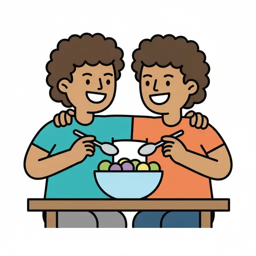 Two children share a bowl of fruit at the table.