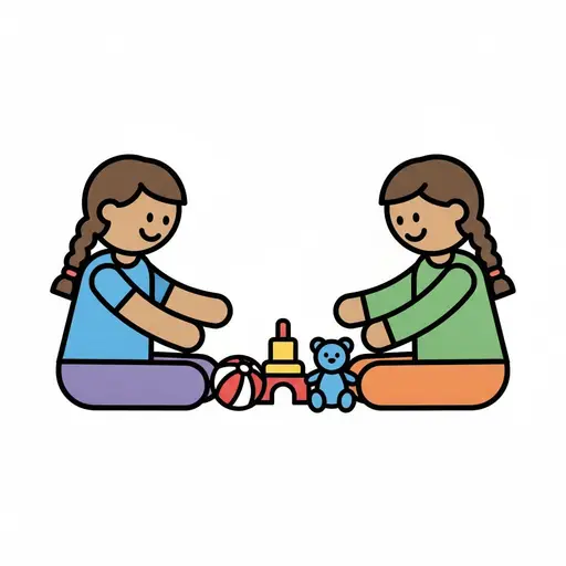 Two girls sit with a ball, a stacking toy and a blue teddy between them.