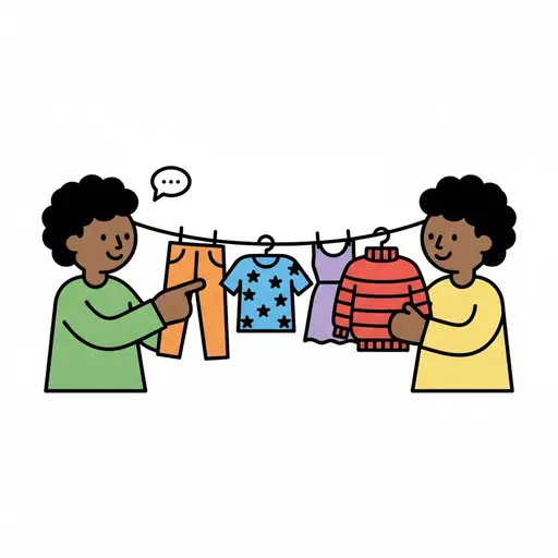 Twee kinderen staan bij een waslijn met een broek, een shirt met sterren, een jurk en een rode trui en wijzen aan wat ze willen aantrekken.