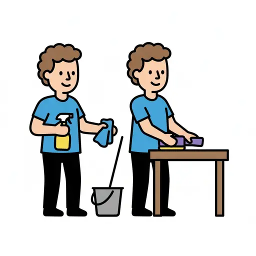 Twee personen maken samen schoon, een met een sprayfles en emmer en een die een tafel afneemt.