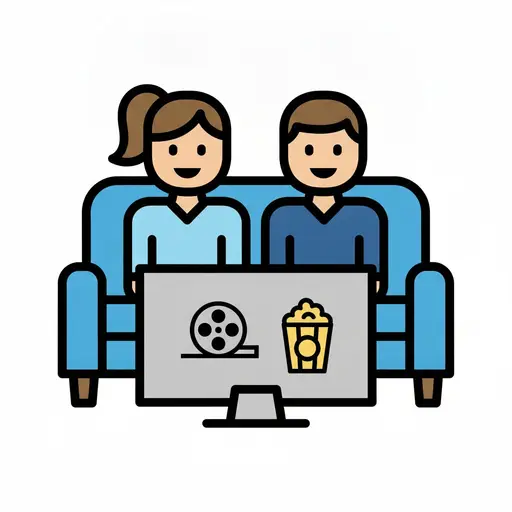 Two people sit on a couch watching a tv showing a film reel and popcorn.