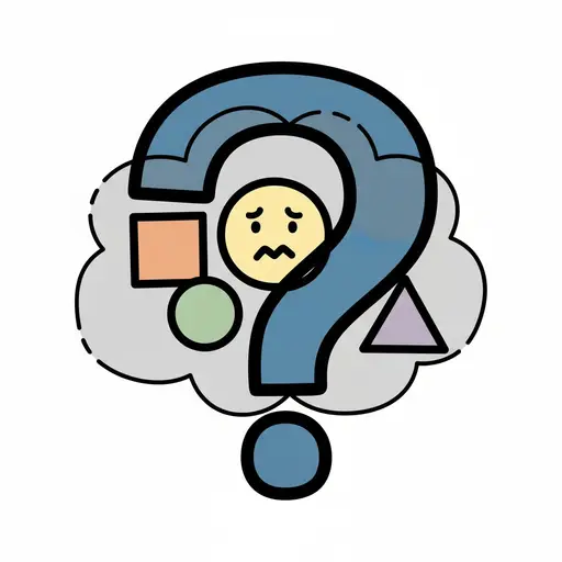 Een groot vraagteken met een gedachtewolk met een verdrietig gezicht, een vierkant, een cirkel en een driehoek.