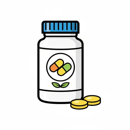 Een wit potje met een blauwe deksel en een etiket met capsules en blaadjes, met twee gele tabletten ernaast.